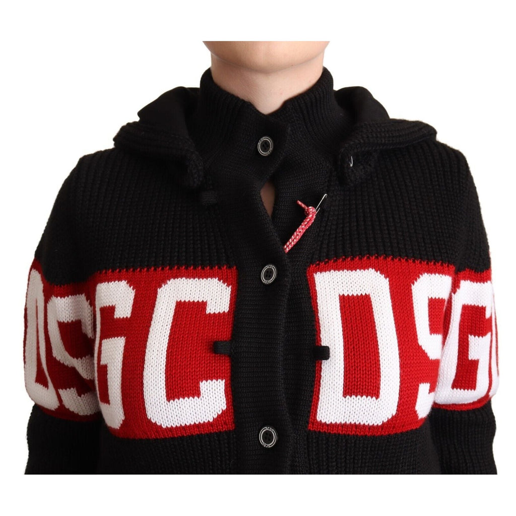 GCDS Black Cashmere Hooded Button Down Logo Cardigan Jacket