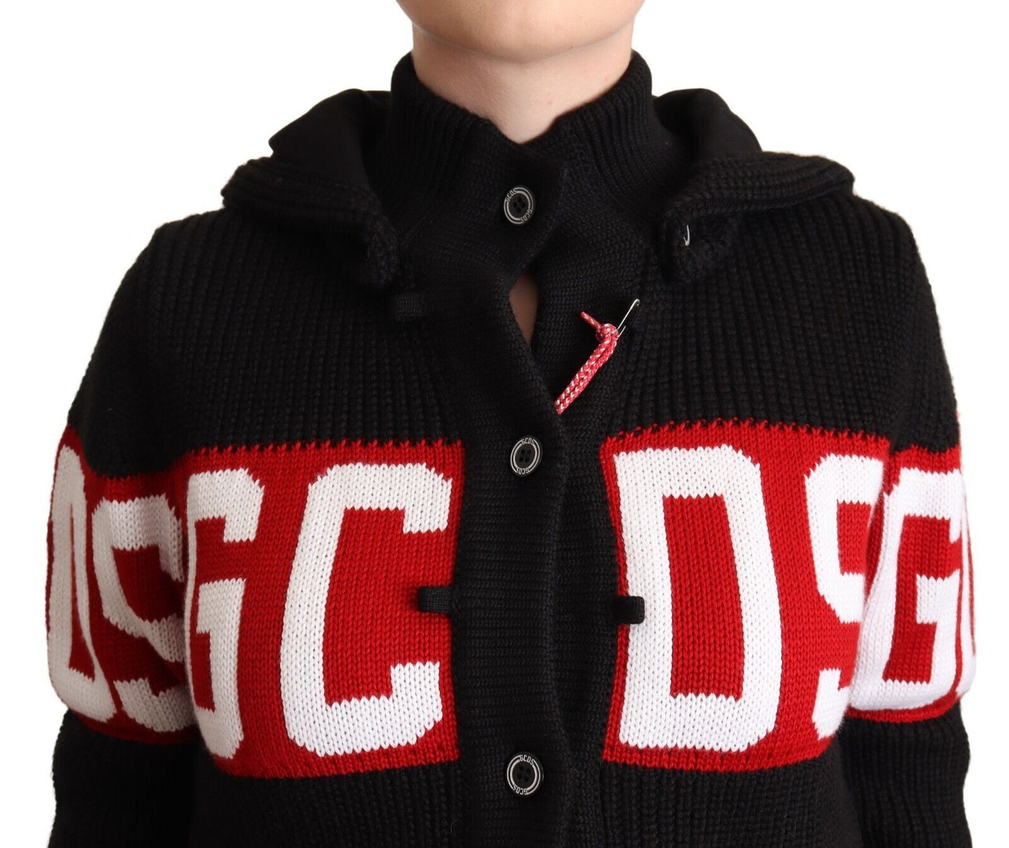 GCDS Black Cashmere Hooded Button Down Logo Cardigan Jacket GCDS