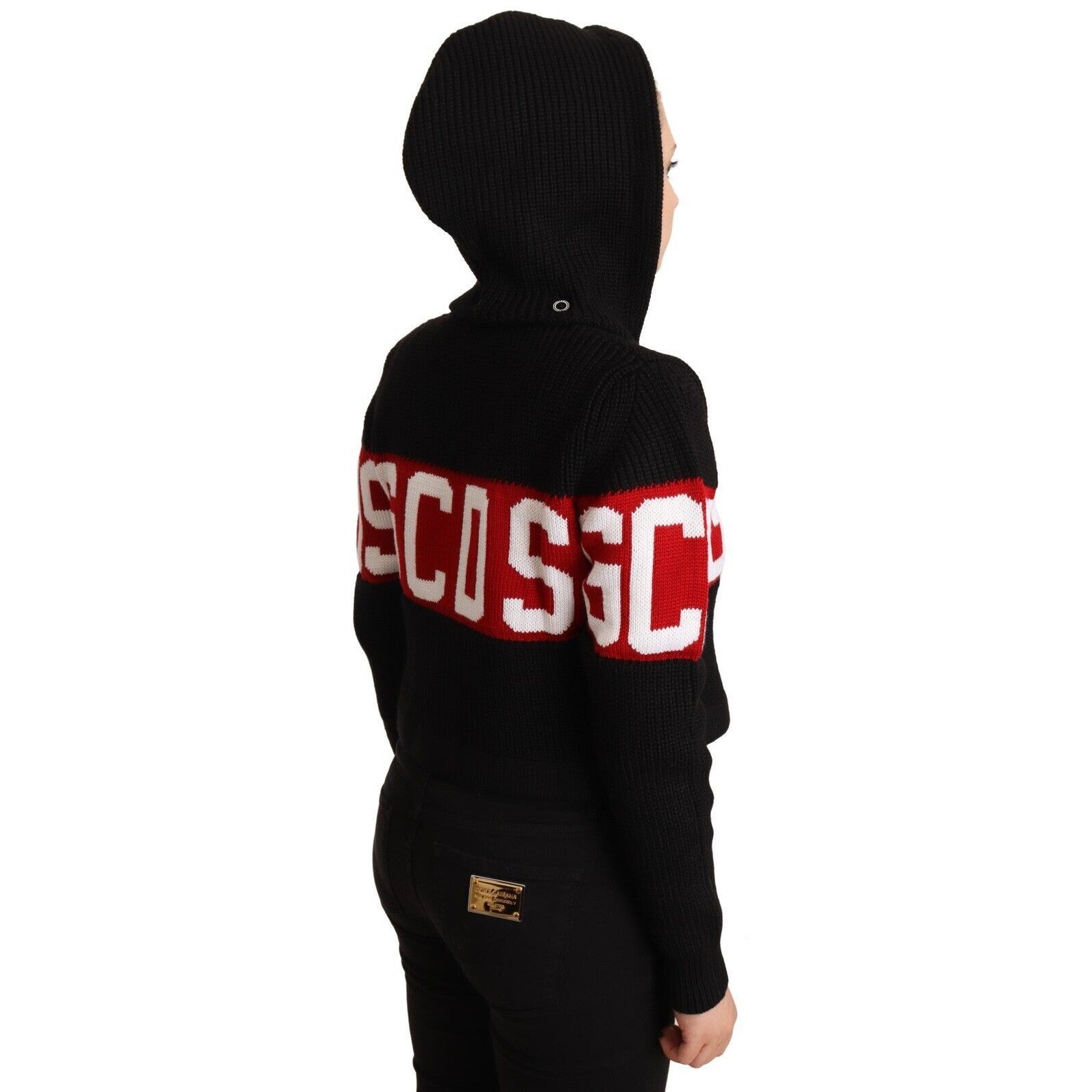 GCDS Black Cashmere Hooded Button Down Logo Cardigan Jacket