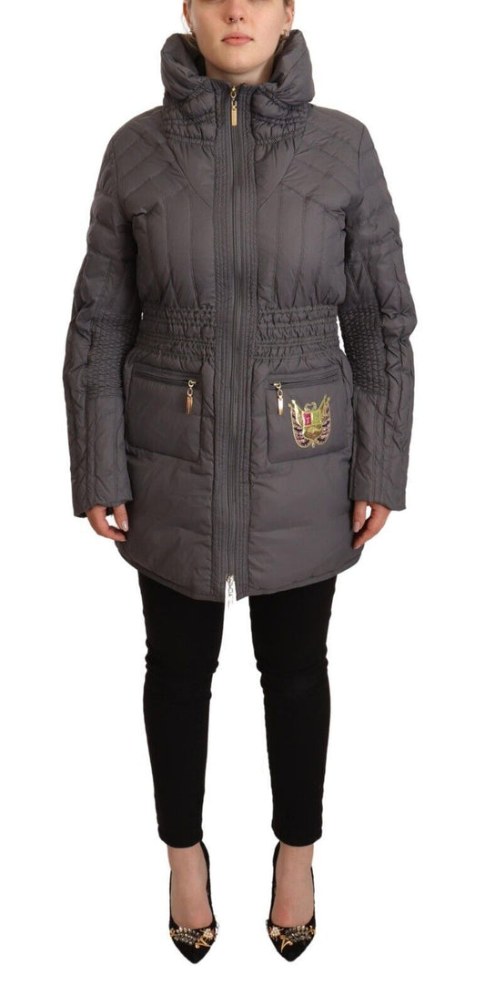 Roccobarocco Gray Quilted Long Sleeves Logo Patch Full Zip Jacket Roccobarocco