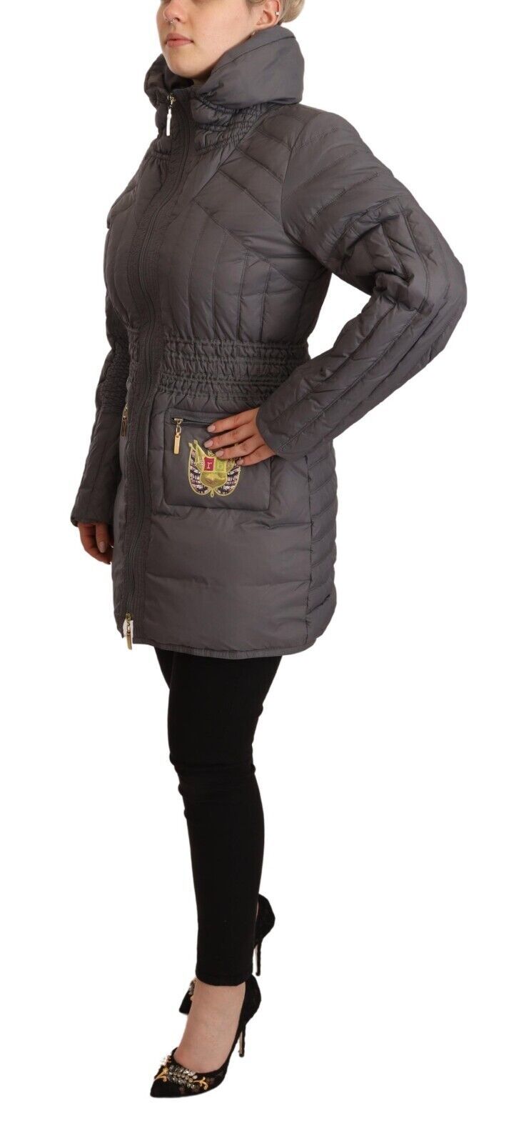 Roccobarocco Gray Quilted Long Sleeves Logo Patch Full Zip Jacket Roccobarocco