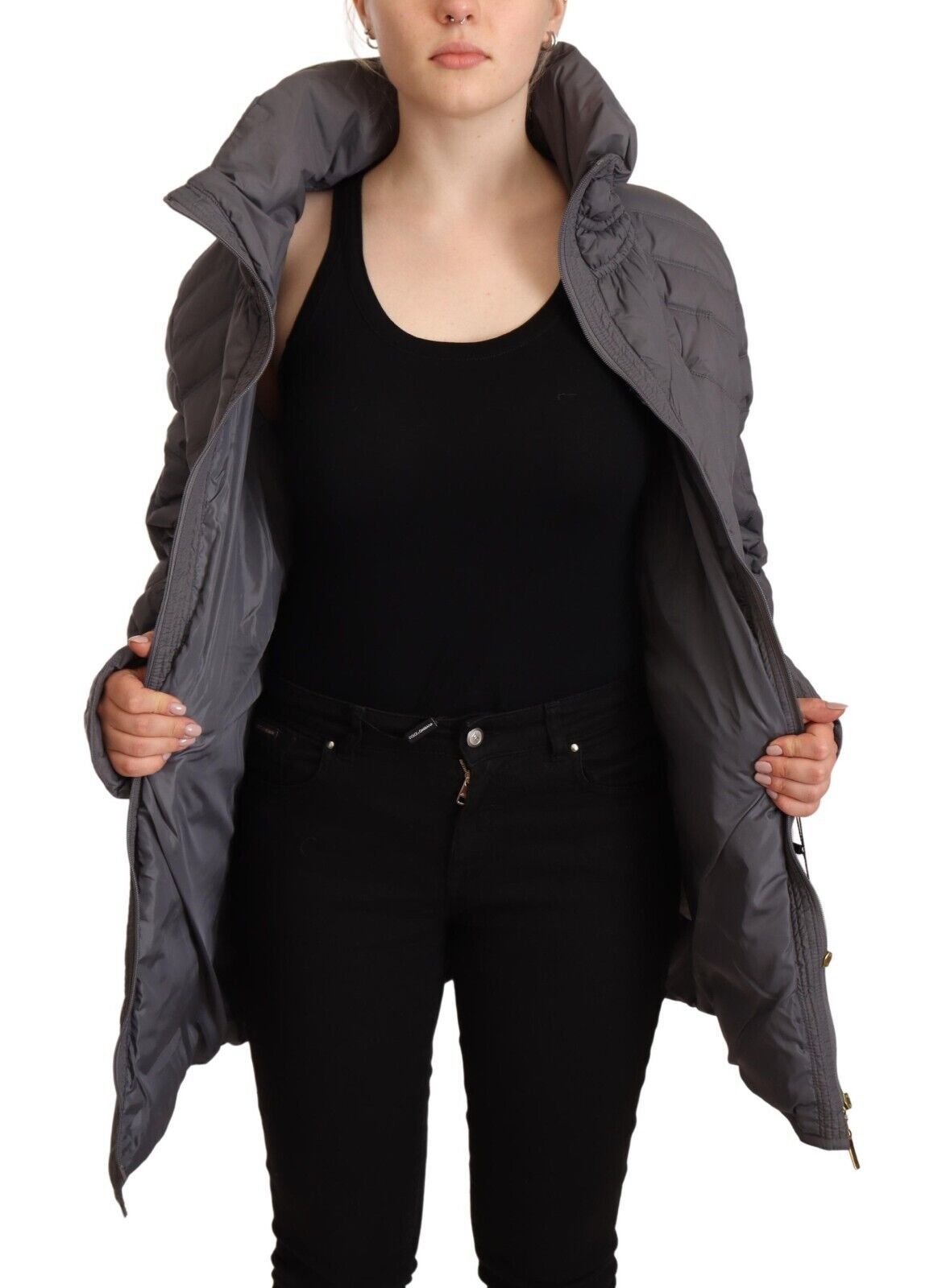 Roccobarocco Gray Quilted Long Sleeves Logo Patch Full Zip Jacket Roccobarocco