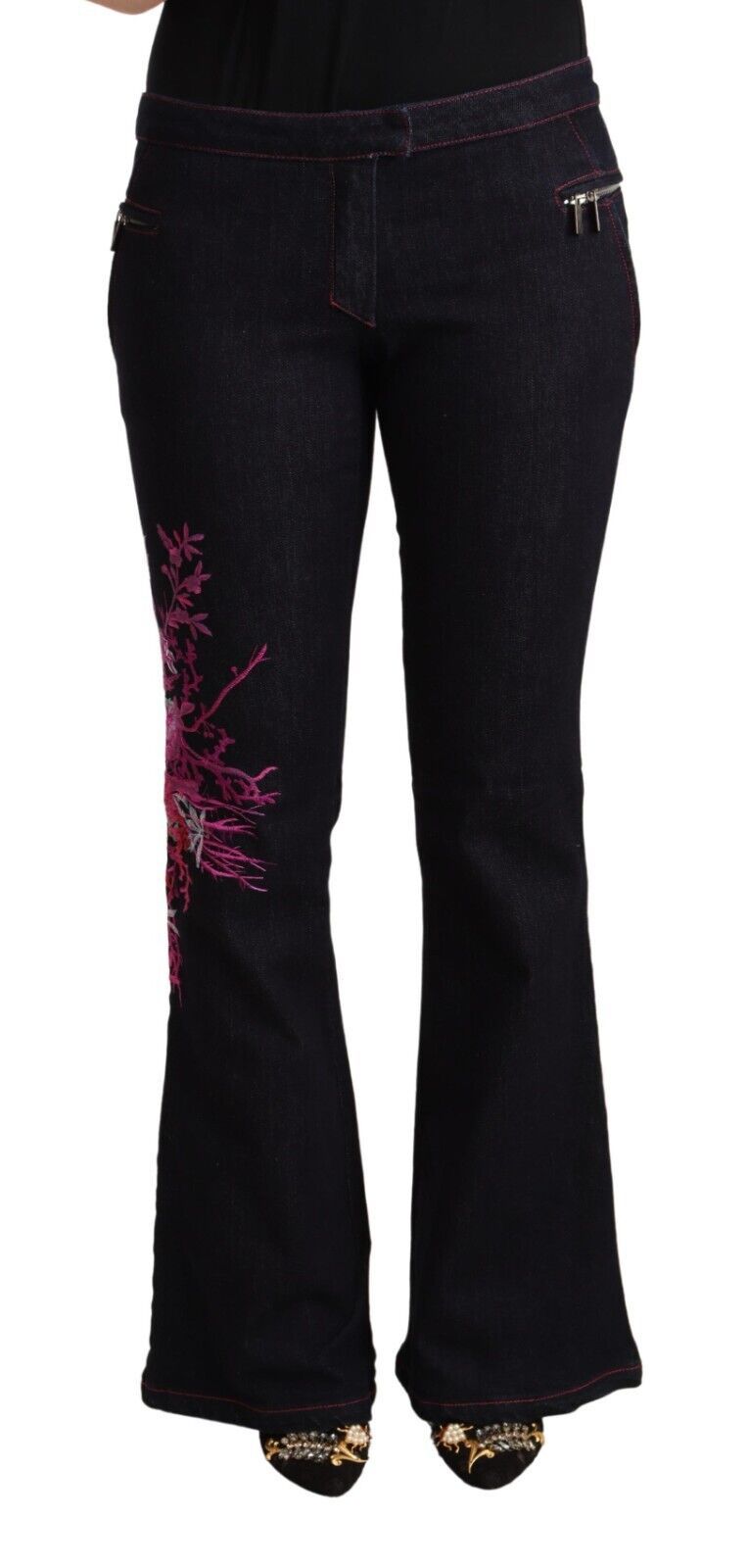 Exte Black Cotton Mid Waist Cotton Flared Jeans Exte