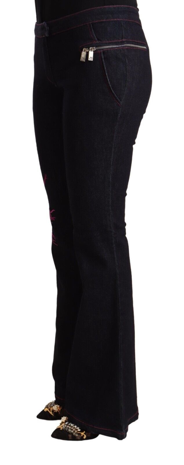 Exte Black Cotton Mid Waist Cotton Flared Jeans Exte