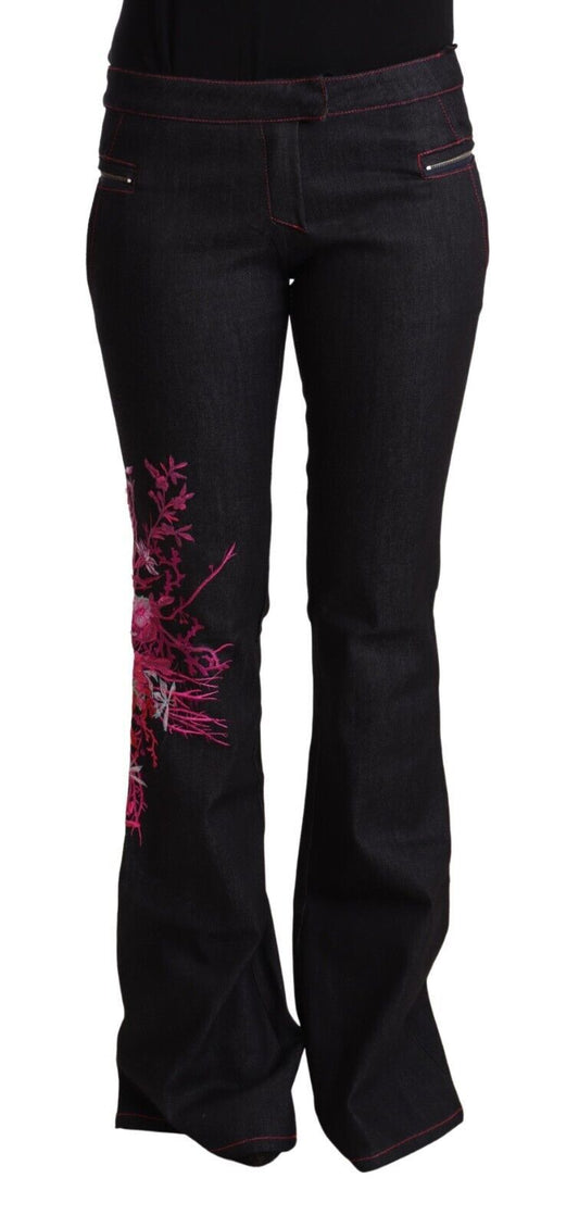 Exte Black Cotton Stretch Mid Waist Cotton Flared Denim Jeans Exte