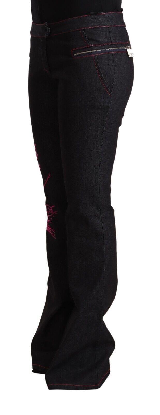 Exte Black Cotton Stretch Mid Waist Cotton Flared Denim Jeans Exte
