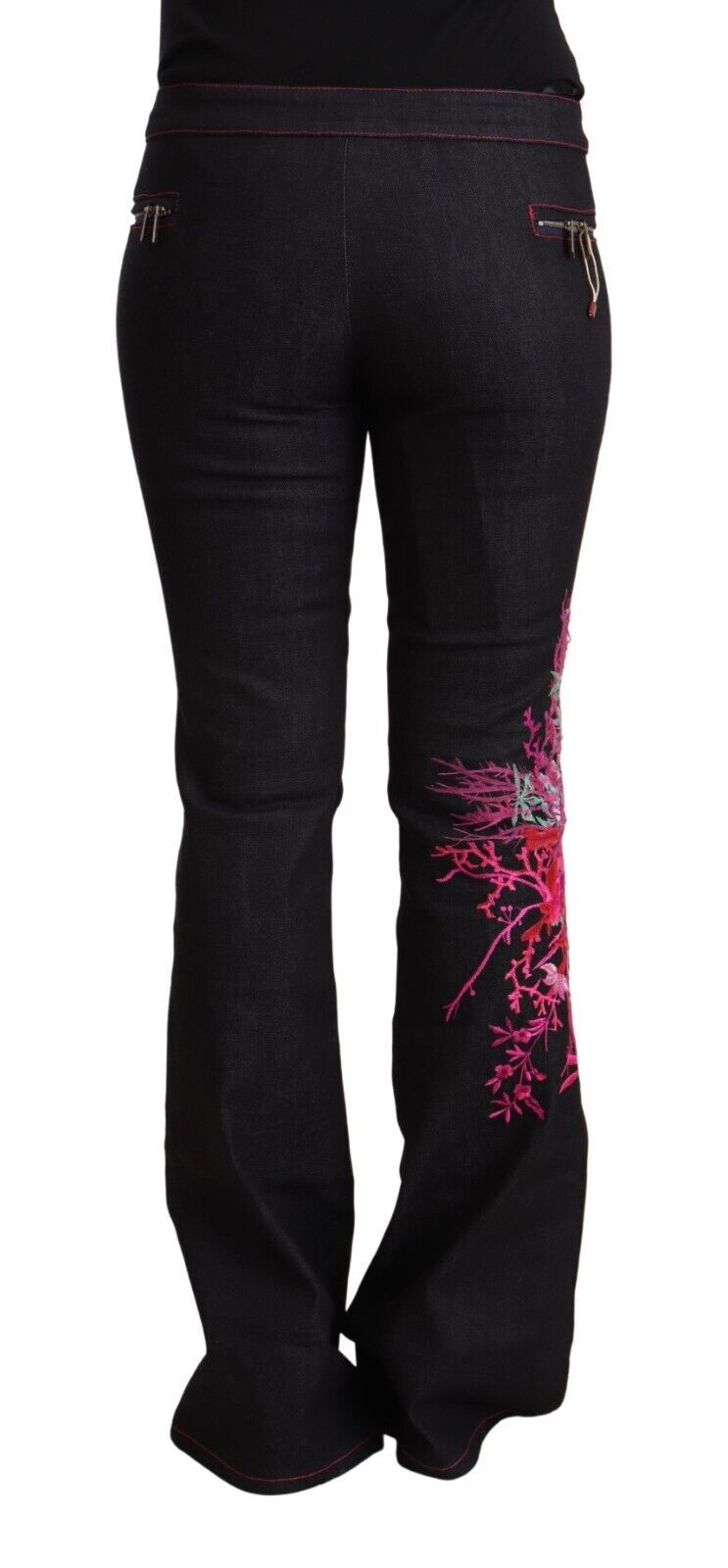 Exte Black Cotton Stretch Mid Waist Cotton Flared Denim Jeans Exte