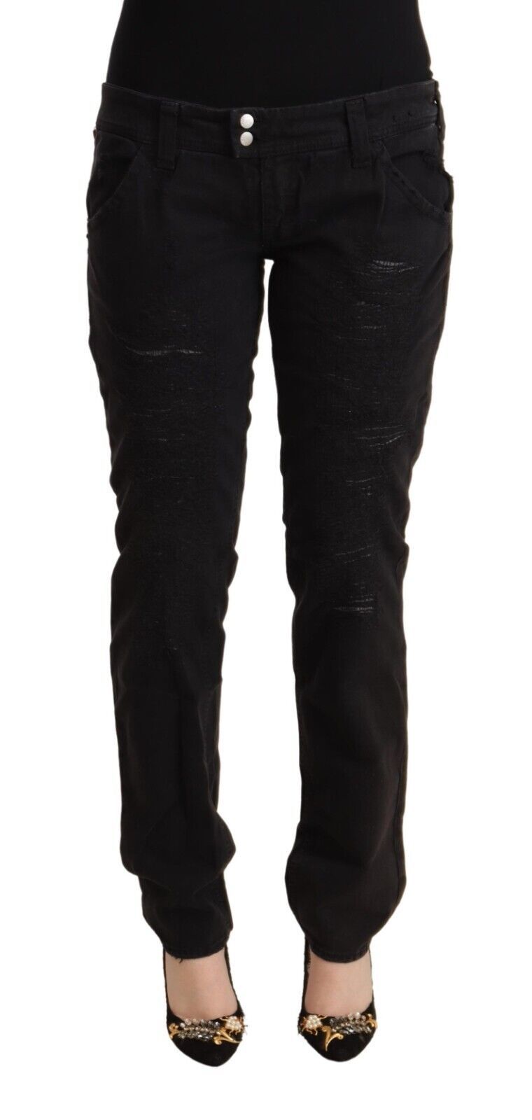 CYCLE Black Cotton Distressed Low Waist Slim Fit Denim Jeans CYCLE