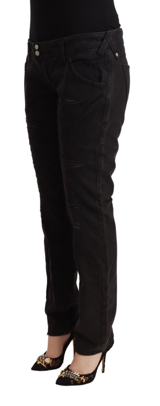CYCLE Black Cotton Distressed Low Waist Slim Fit Denim Jeans CYCLE