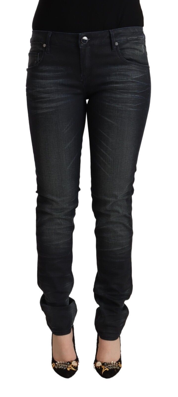 Acht Black Washed Cotton Low Waist Slim Fit Denim Jeans Acht