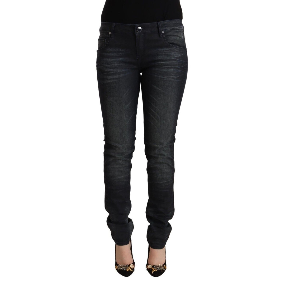 Acht Black Washed Cotton Low Waist Slim Fit Denim Jeans