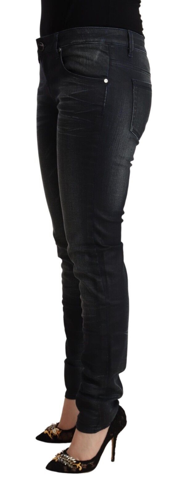 Acht Black Washed Cotton Low Waist Slim Fit Denim Jeans Acht