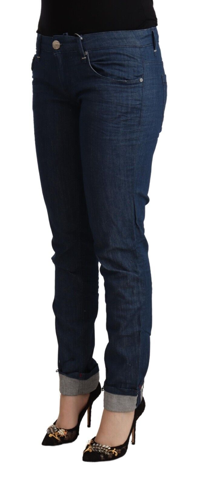 Acht Blue Cotton Low Waist Skinny Denim Folded Hem Jeans Acht