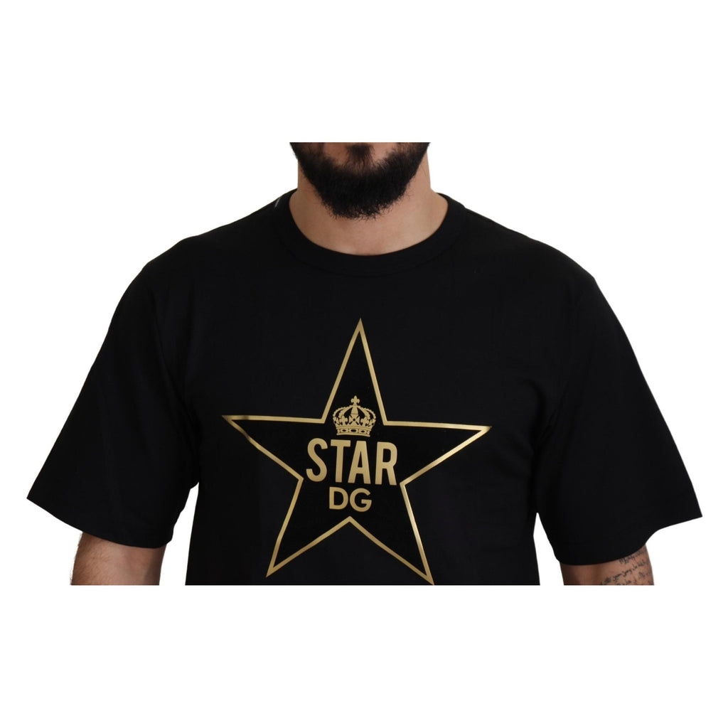 Dolce & Gabbana black cotton crewneck T-shirt with gold star crown graphic on front, stylish and casual men's apparel.