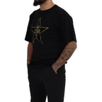 Dolce & Gabbana black cotton crewneck T-shirt with gold star crown graphic and DG branding on front.