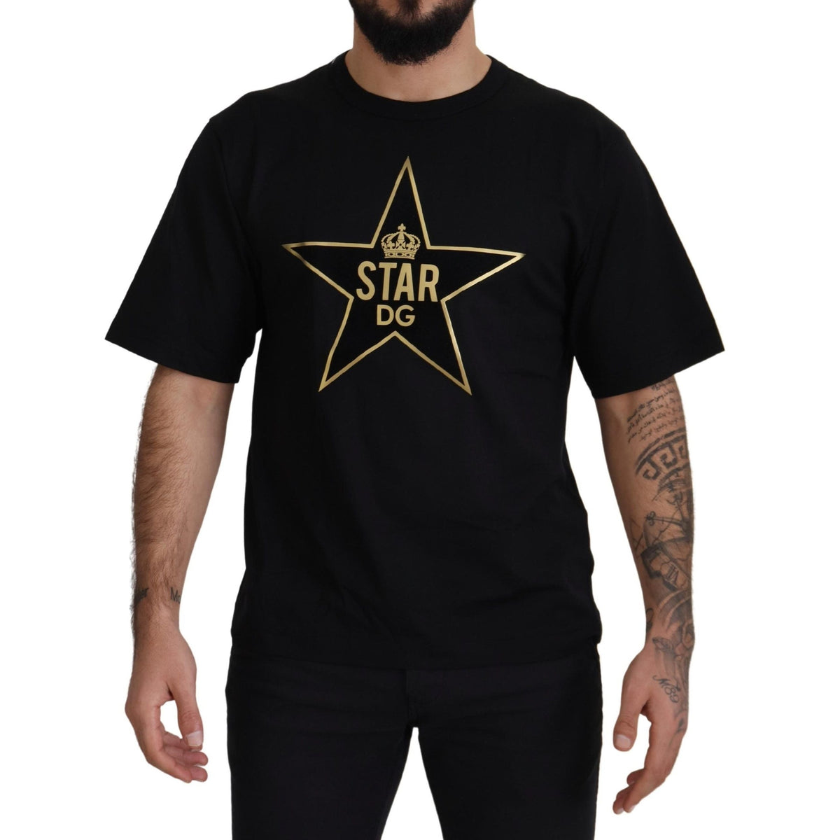 Dolce & Gabbana black cotton crewneck T-shirt featuring a gold star crown graphic design.