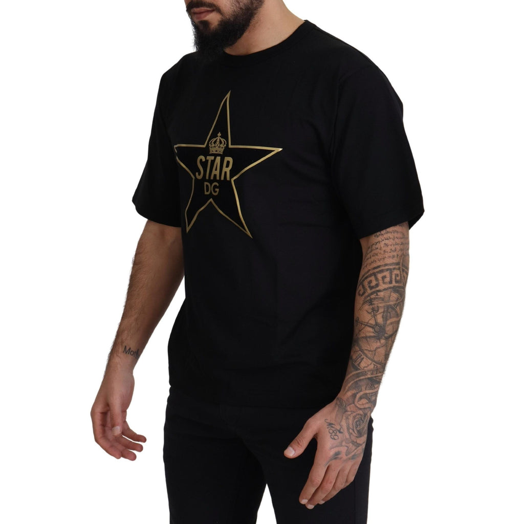 Dolce & Gabbana black cotton crewneck T-shirt with gold star crown graphic, stylish and casual men's fashion top.