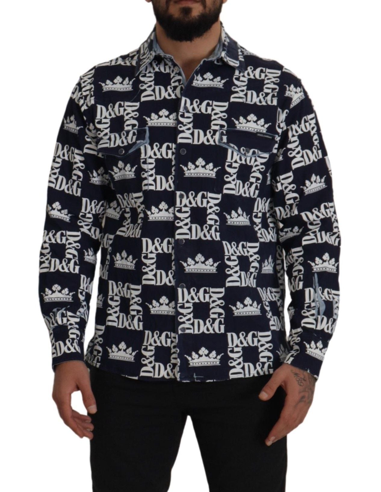 Dolce & Gabbana Blue Denim Stretch DG Crown Logo Casual Shirt Dolce & Gabbana