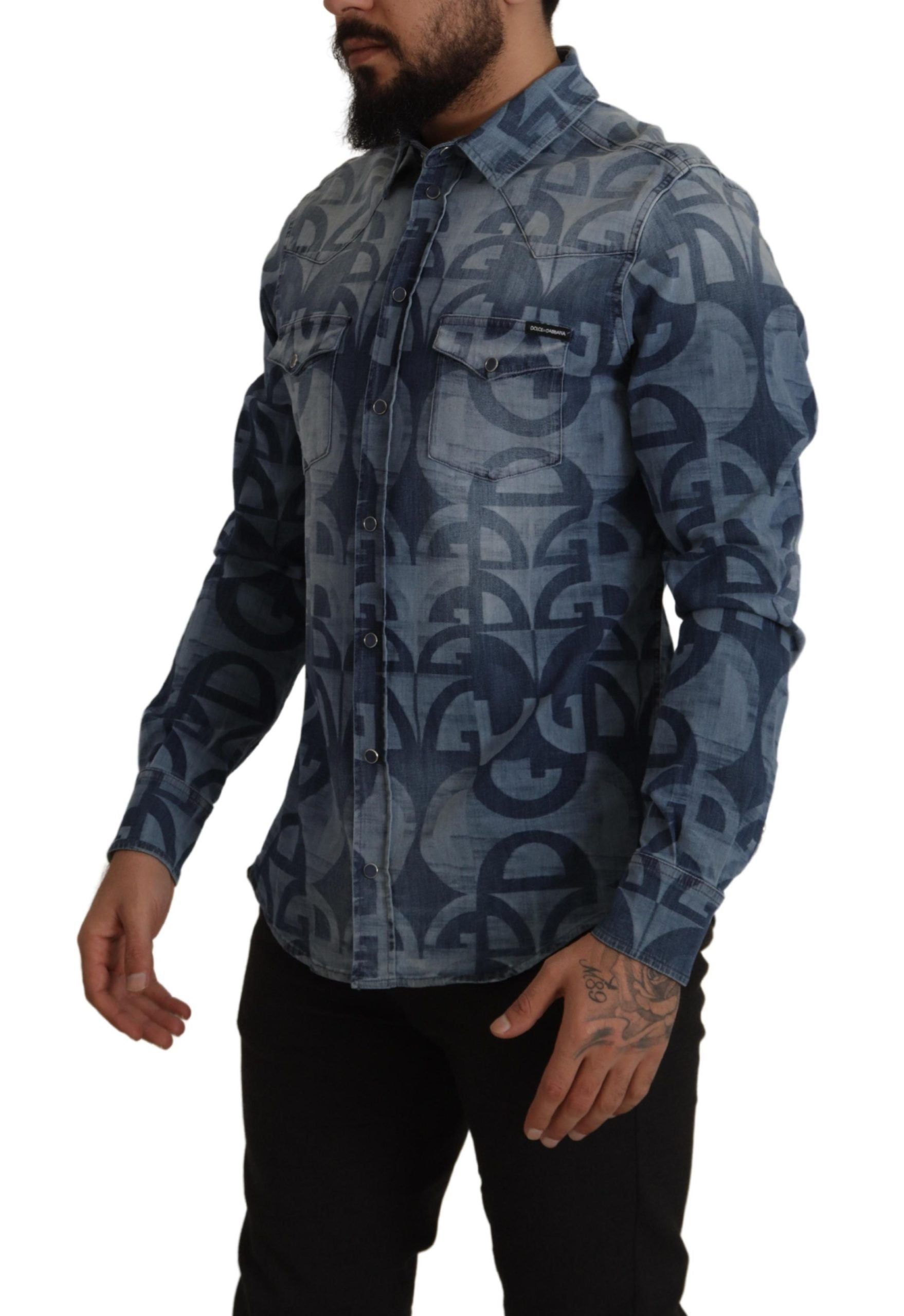 Dolce & Gabbana Blue Denim Stretch DG Logo Casual Mens Slim Shirt Dolce & Gabbana