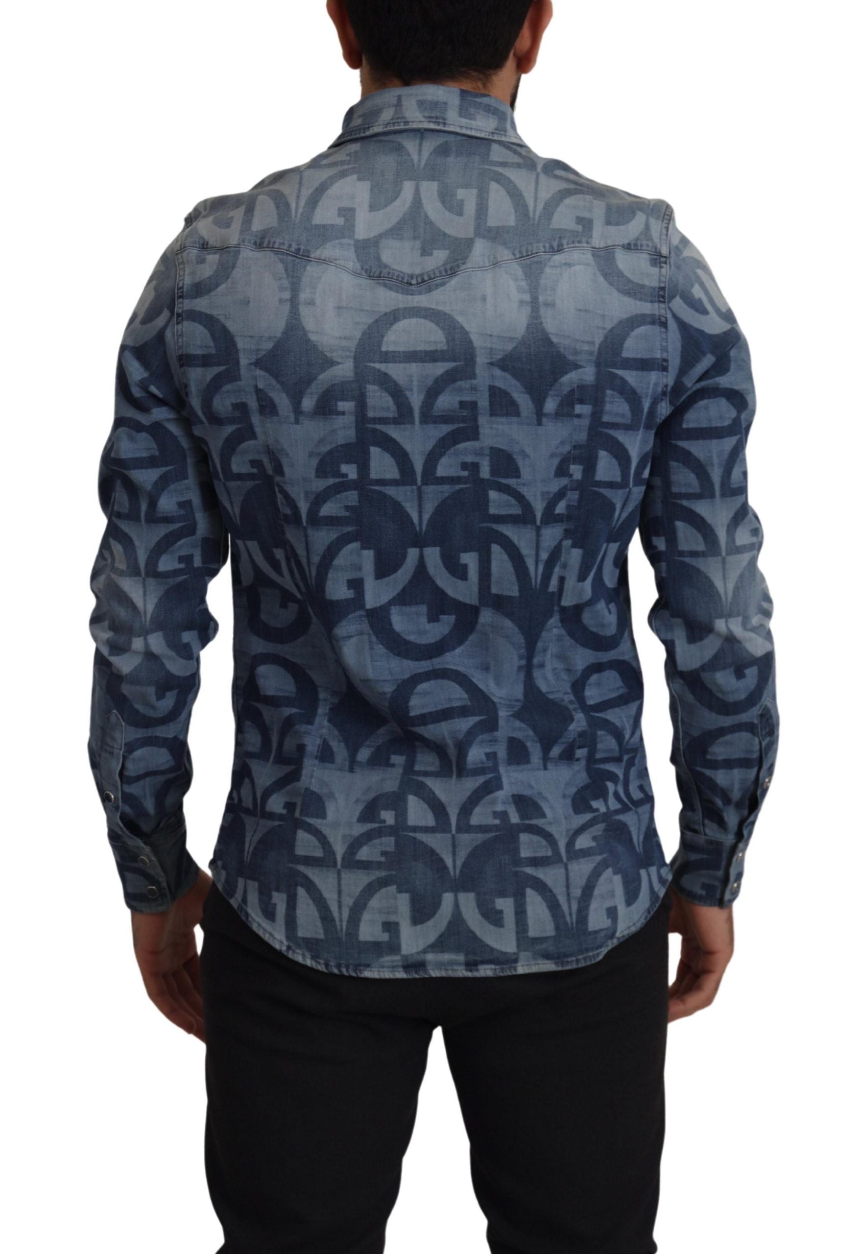 Dolce & Gabbana Blue Denim Stretch DG Logo Casual Mens Slim Shirt Dolce & Gabbana