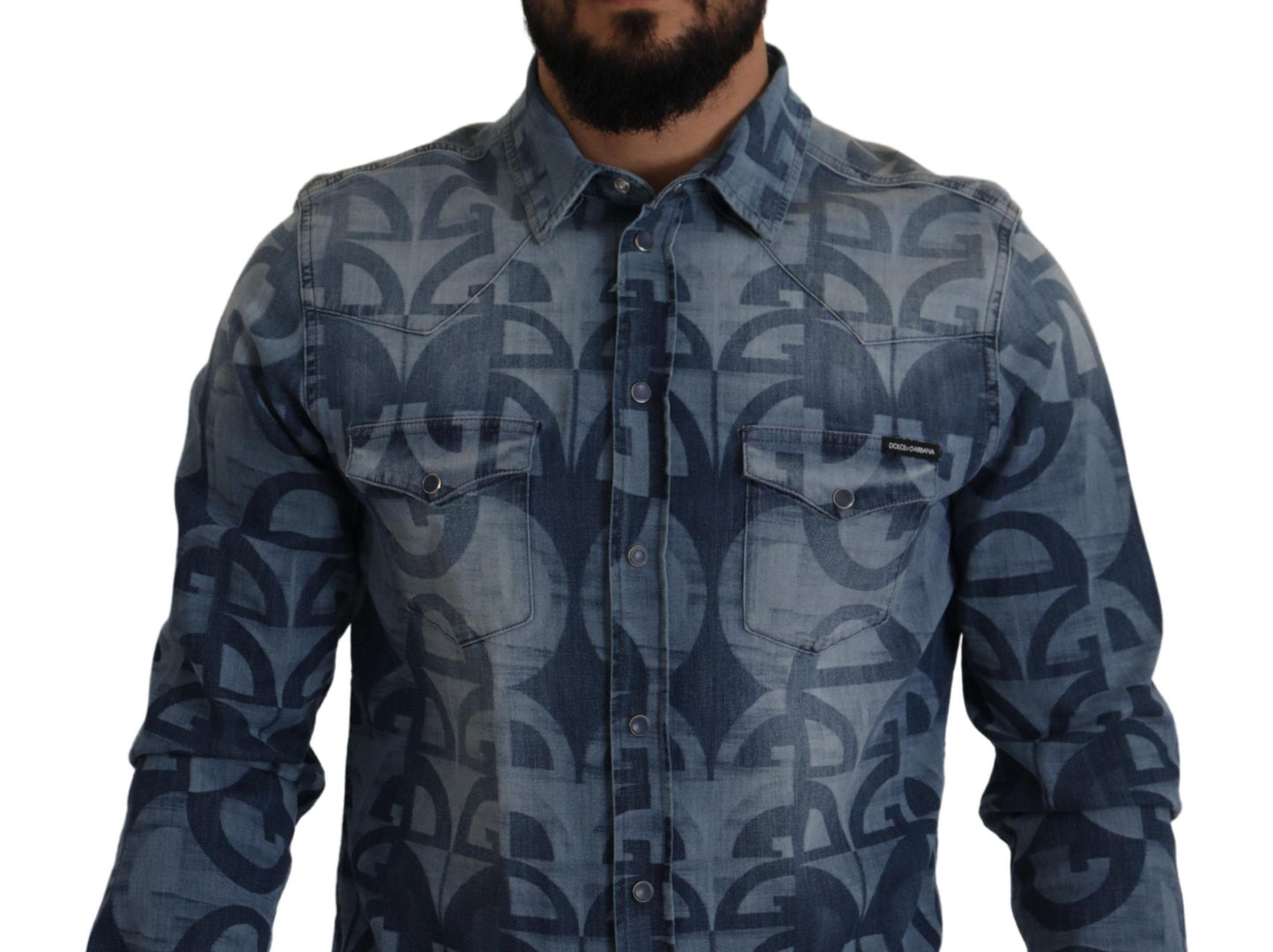 Dolce & Gabbana Blue Denim Stretch DG Logo Casual Mens Slim Shirt Dolce & Gabbana