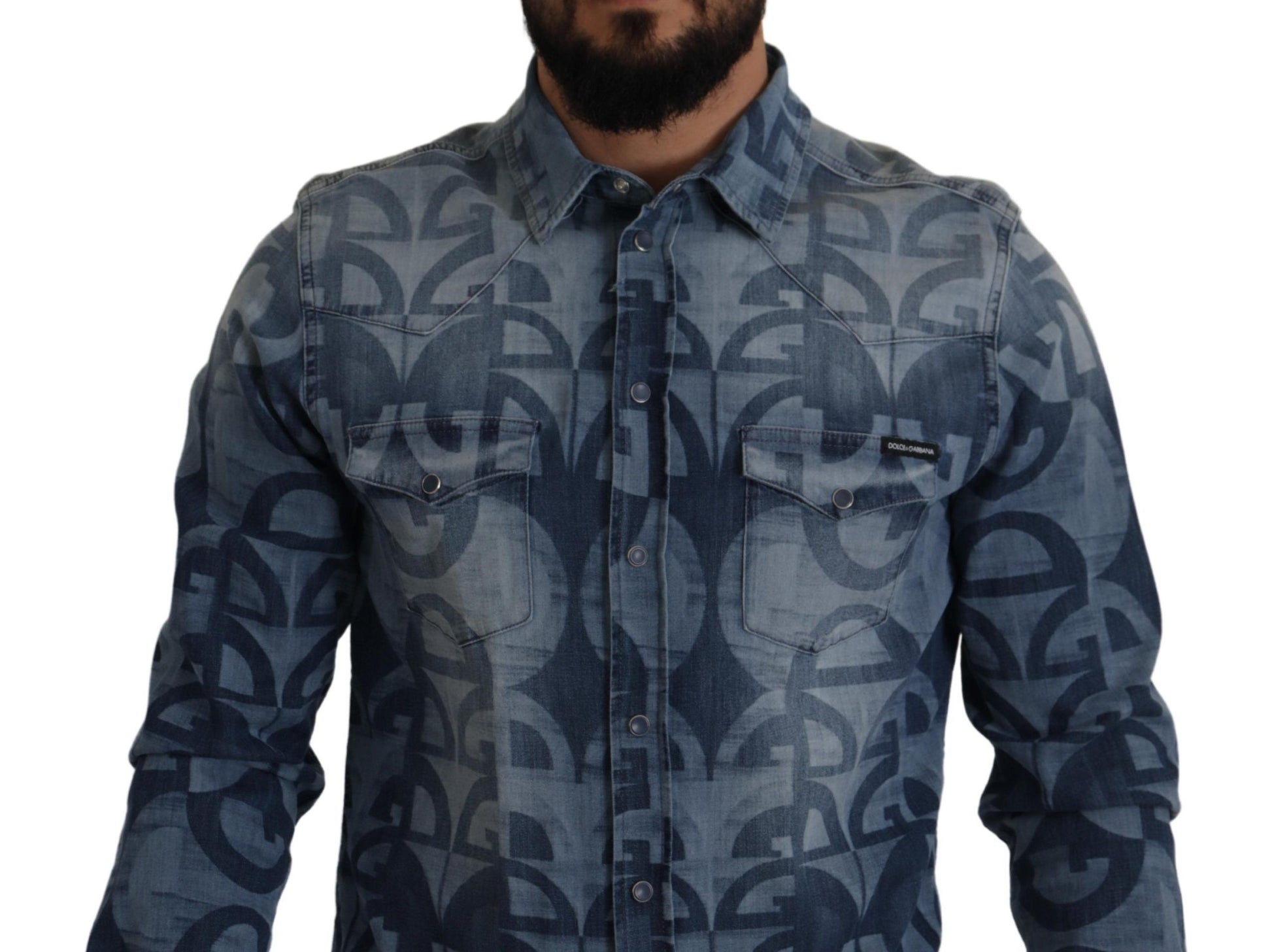 Dolce & Gabbana Blue Denim Stretch DG Logo Casual Mens Slim Shirt Dolce & Gabbana