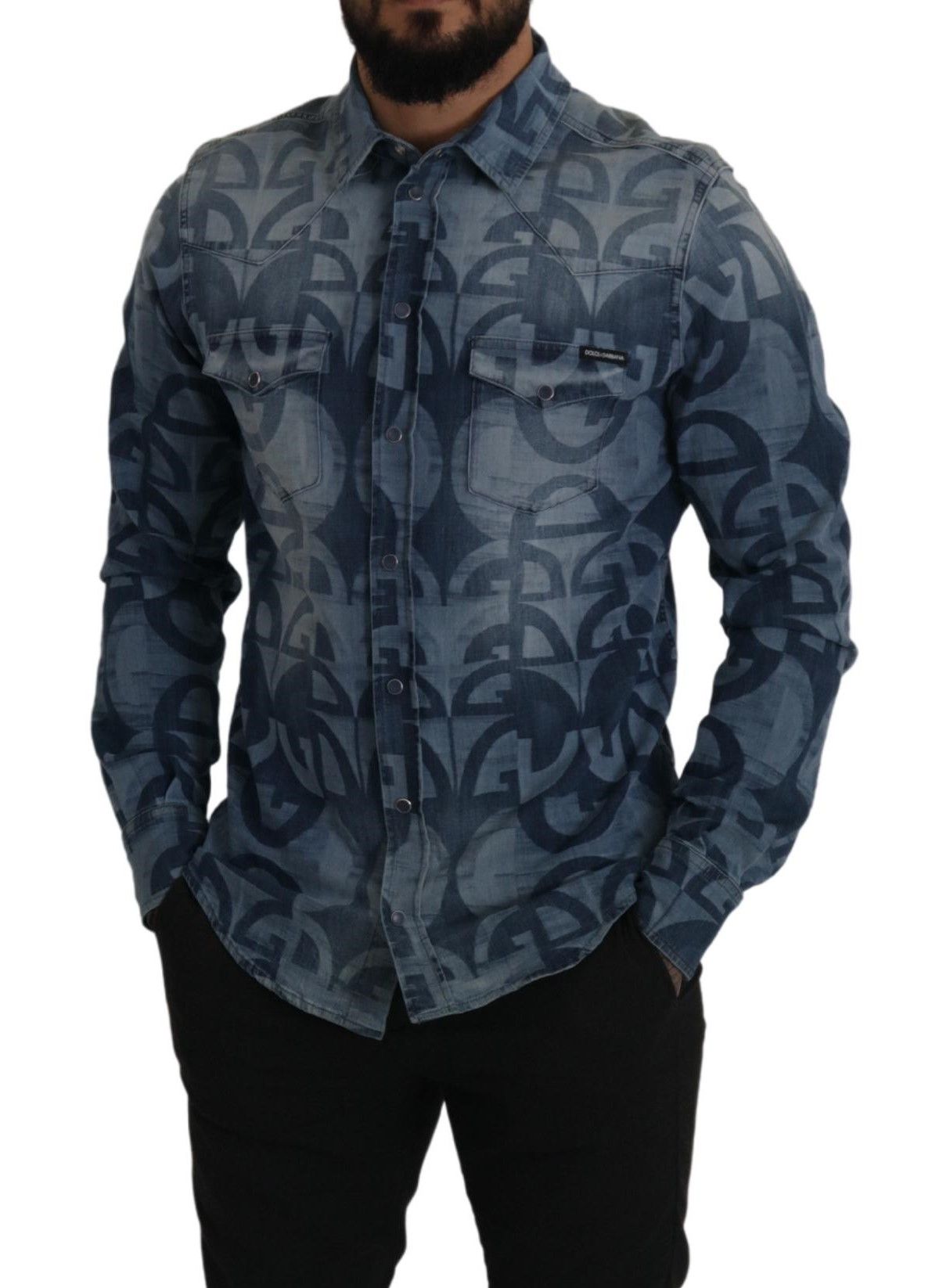 Dolce & Gabbana Blue Denim Stretch DG Logo Casual Mens Slim Shirt Dolce & Gabbana