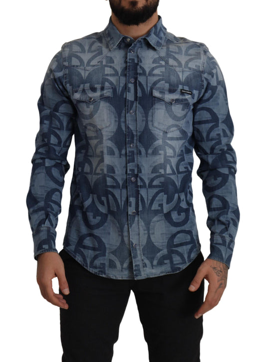 Dolce & Gabbana Blue Denim Stretch DG Logo Casual Mens Slim Shirt Dolce & Gabbana
