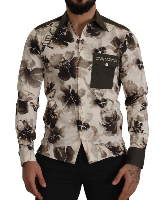 Dolce & Gabbana Green Beige Floral Cotton Stretch Exclusive Shirt Dolce & Gabbana