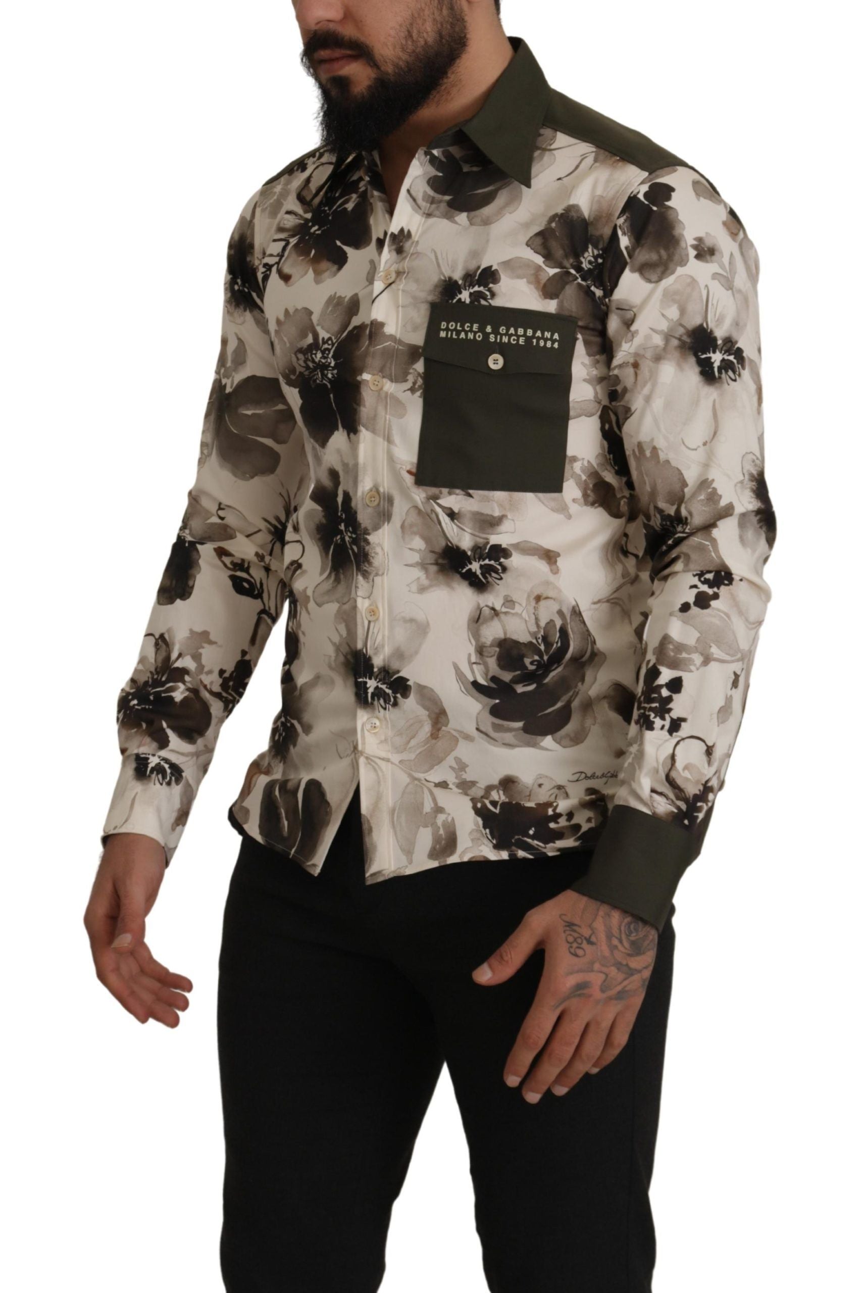 Dolce & Gabbana Green Beige Floral Cotton Stretch Exclusive Shirt Dolce & Gabbana