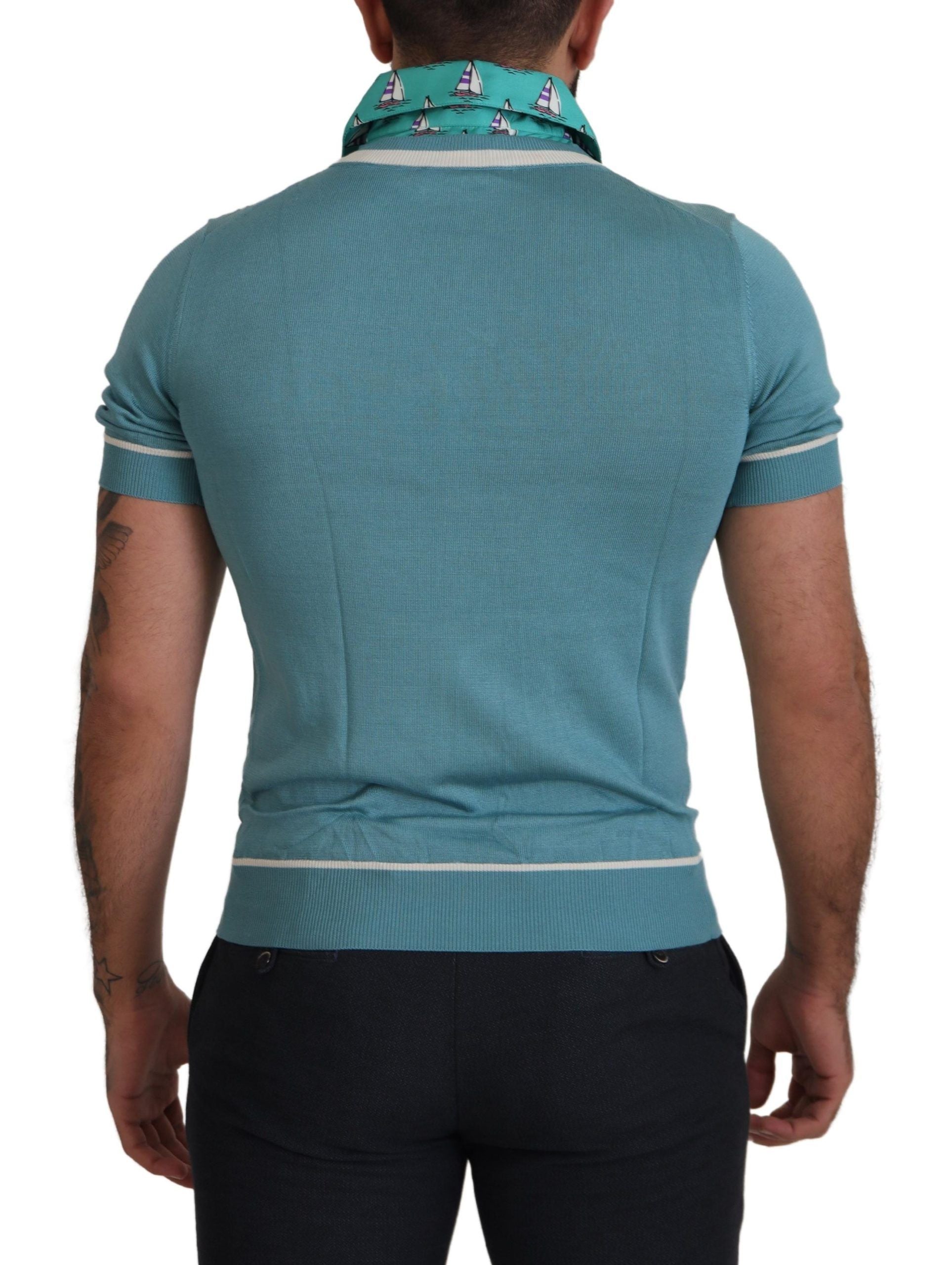 Dolce & Gabbana Blue Silk Polo Top Mens V-neck T-shirt Dolce & Gabbana