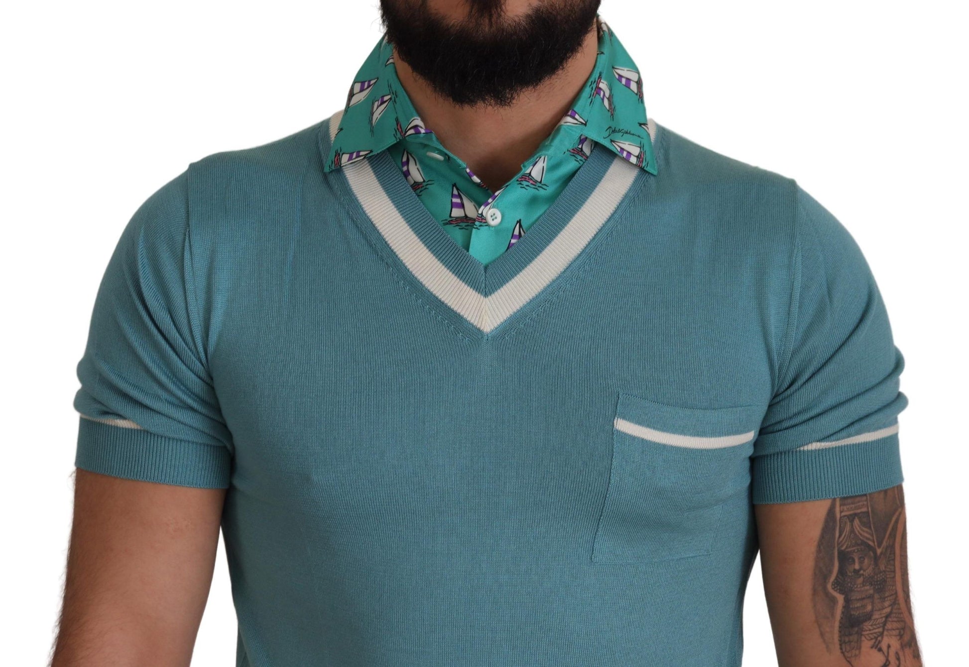 Dolce & Gabbana Blue Silk Polo Top Mens V-neck T-shirt Dolce & Gabbana
