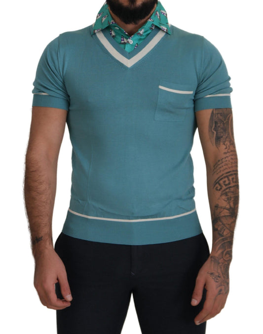 Dolce & Gabbana Blue Silk Polo Top Mens V-neck T-shirt Dolce & Gabbana