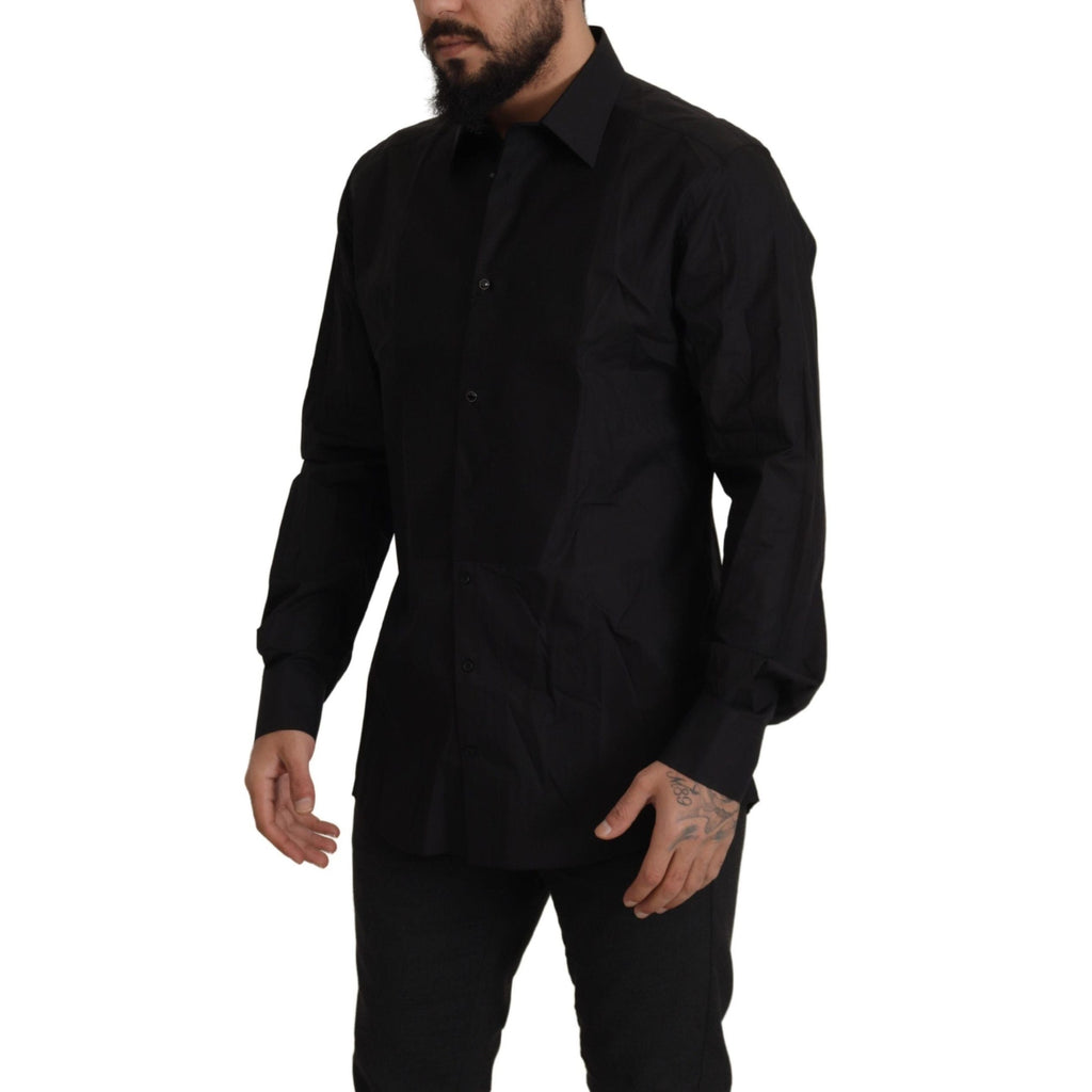 Dolce & Gabbana black tuxedo dress shirt with gold accents, slim fit design, formal men's clothing, button-up front, elegant style.