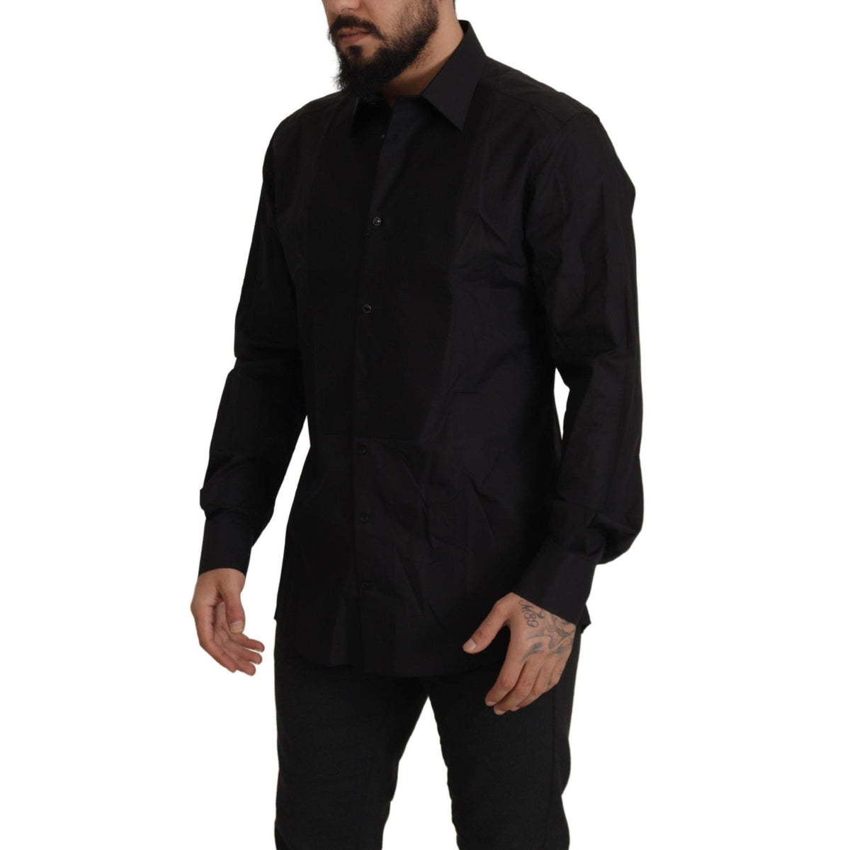 Dolce & Gabbana black tuxedo dress shirt with gold accents, slim fit design, formal men's clothing, button-up front, elegant style.