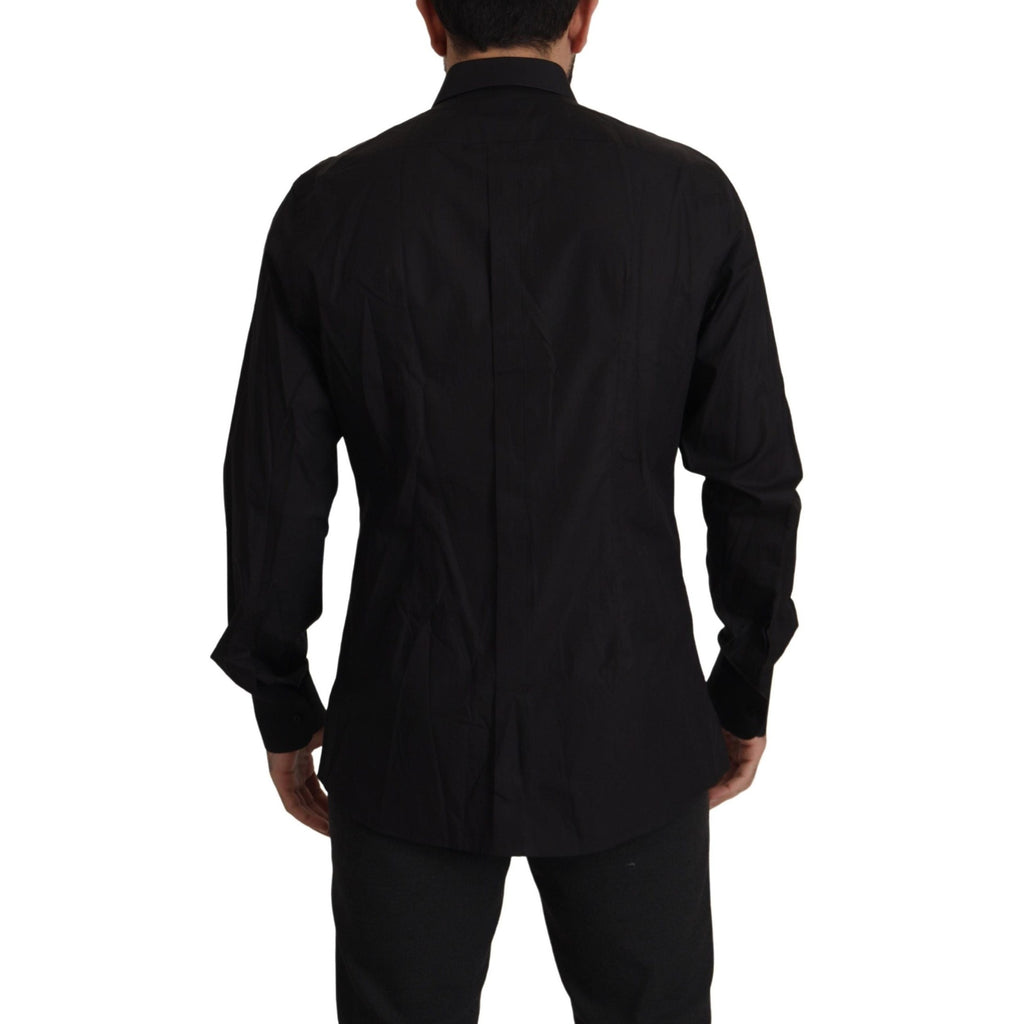 Dolce & Gabbana black slim fit tuxedo dress shirt with gold accents, tailored fit, and classic collar detail.
