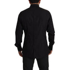 Dolce & Gabbana black slim fit tuxedo dress shirt with gold accents, tailored fit, and classic collar detail.