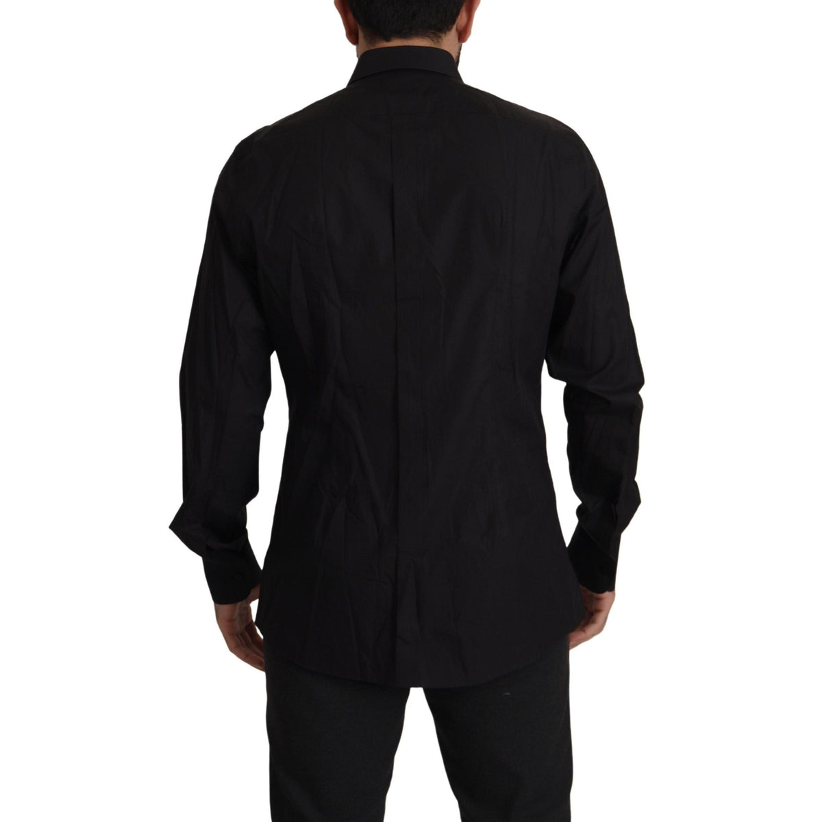 Dolce & Gabbana black slim fit tuxedo dress shirt with gold accents, tailored fit, and classic collar detail.