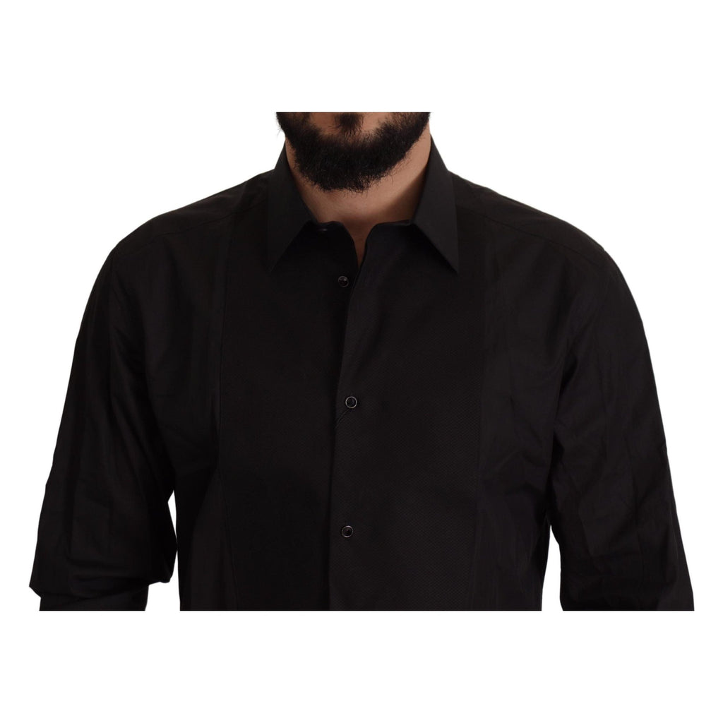 Dolce & Gabbana black tuxedo dress shirt with gold accents, slim fit, formal men's shirt with classic collar and button-front design.