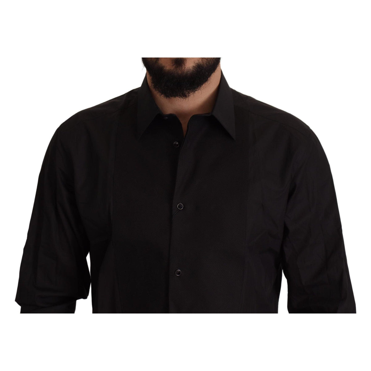 Dolce & Gabbana black tuxedo dress shirt with gold accents, slim fit, formal men's shirt with classic collar and button-front design.
