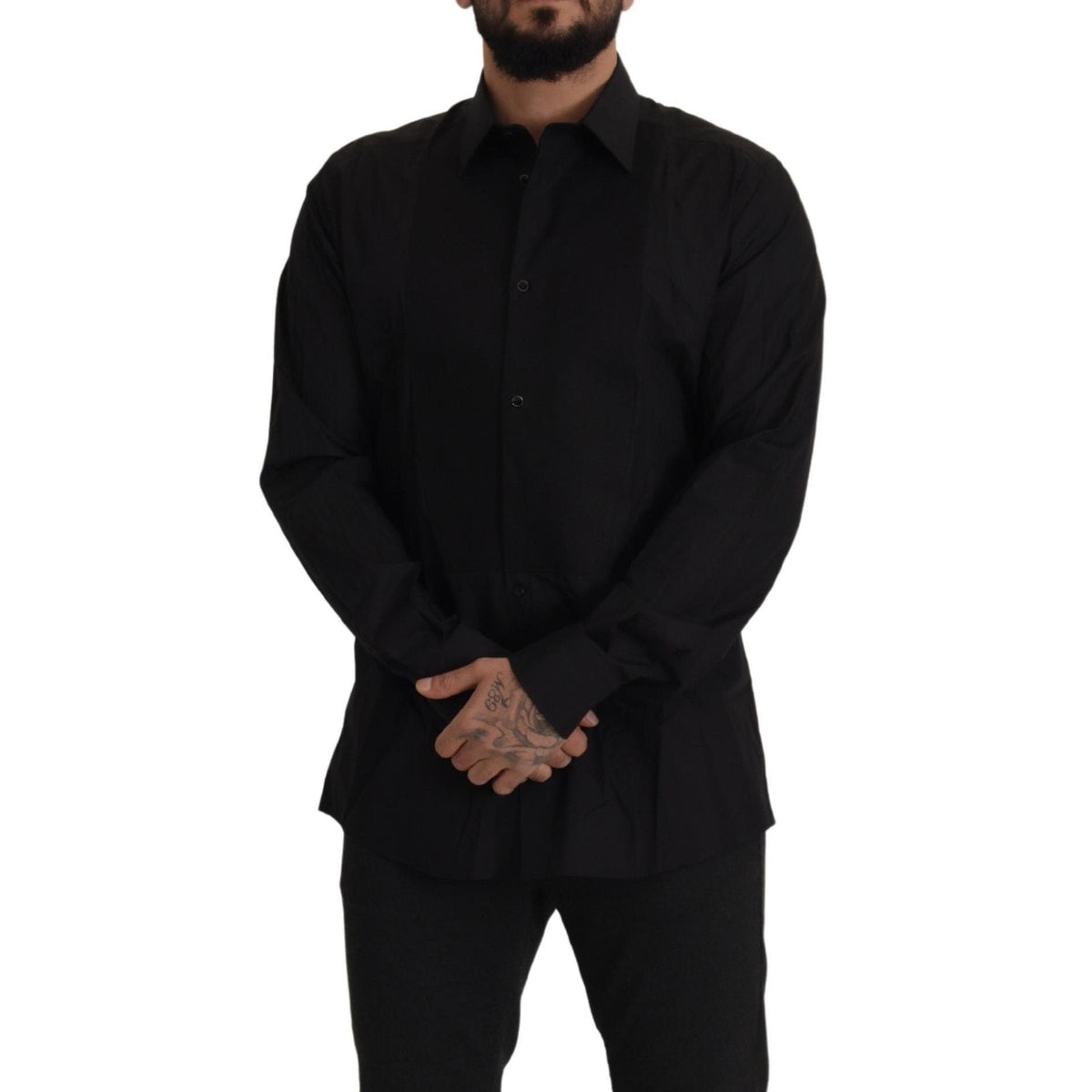 Black Dolce & Gabbana slim fit tuxedo dress shirt with gold accents, tailored fit, and classic collar, styled for formal occasions.