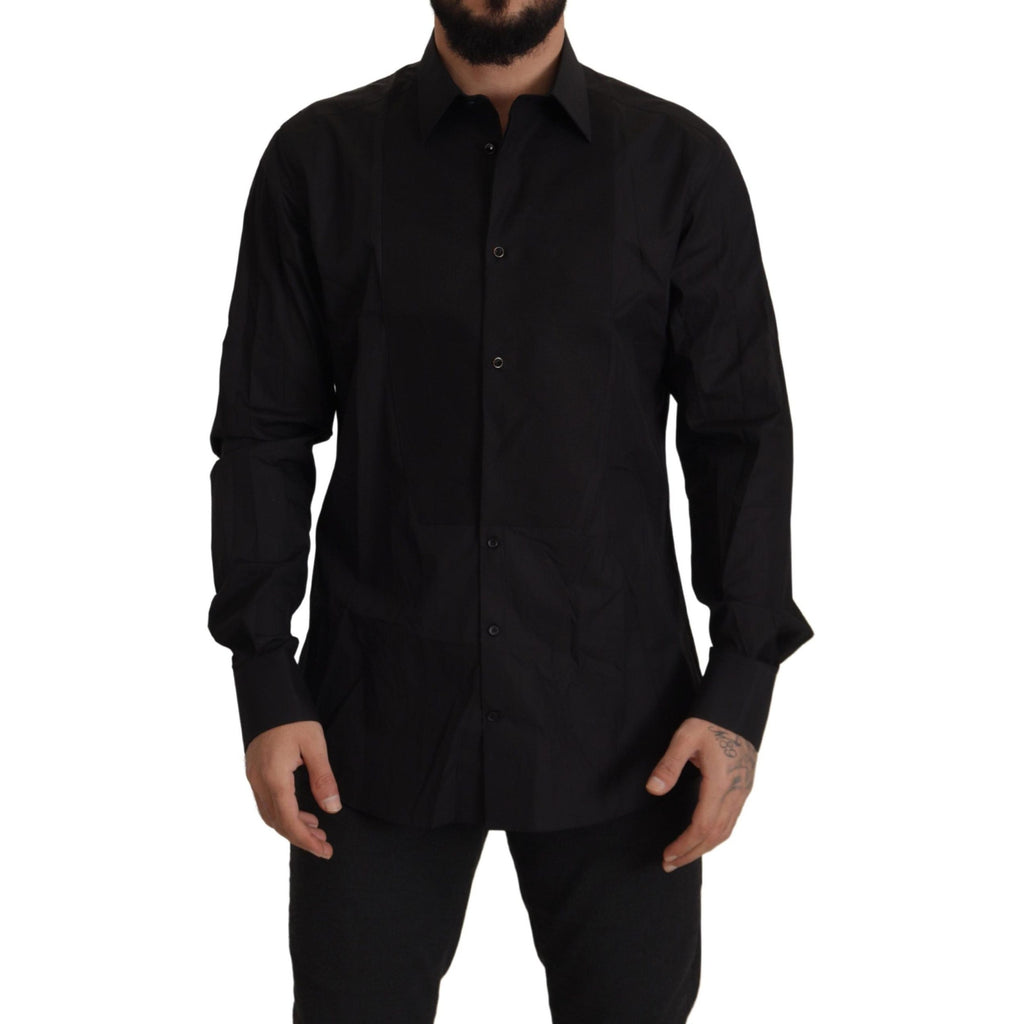 Dolce & Gabbana black slim fit tuxedo dress shirt with gold accents, tailored fit, and classic collar for formal occasions.