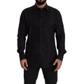 Dolce & Gabbana black slim fit tuxedo dress shirt with gold accents, tailored fit, and classic collar for formal occasions.