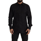 Dolce & Gabbana black slim fit tuxedo dress shirt with gold accents, tailored fit, and classic collar for formal occasions.
