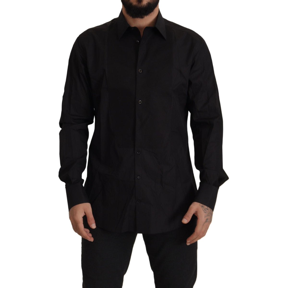 Dolce & Gabbana black slim fit tuxedo dress shirt with gold accents, tailored fit, and classic collar for formal occasions.