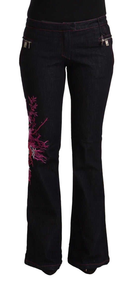 Exte Black Cotton Stretch Mid Waist Cotton Flared Denim Jeans Exte