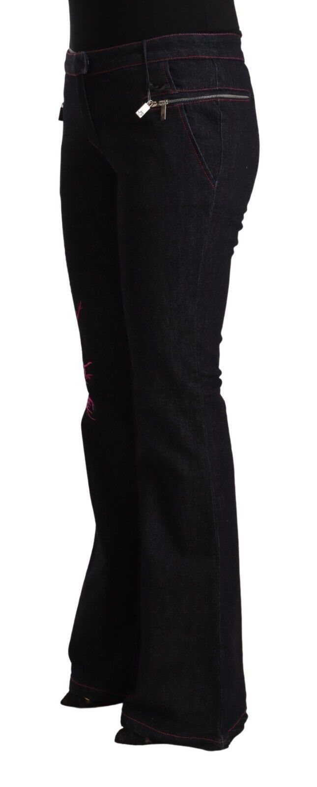 Exte Black Cotton Stretch Mid Waist Cotton Flared Denim Jeans Exte