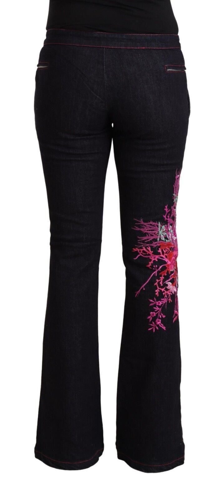 Exte Black Cotton Stretch Mid Waist Cotton Flared Denim Jeans Exte