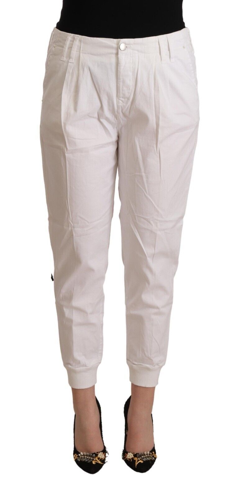 Met White Cotton Mid Waist Tapered Cropped Pants Met