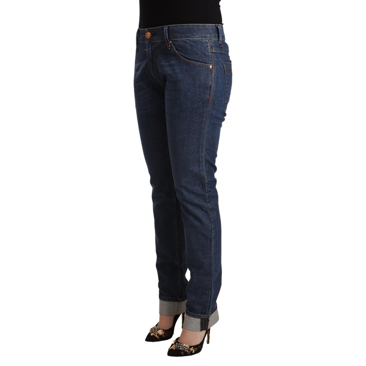 Acht Dark Blue Cotton Slim Fit Folded Hem Denim Jeans